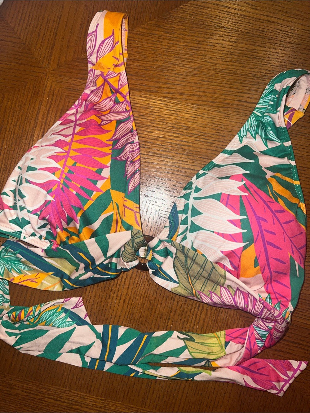 Tropical Print Bikini Top - Pink, Teal, Mustard halter style super nice B42